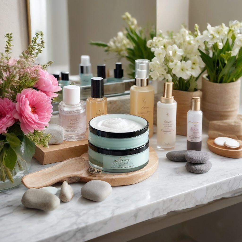 A serene vanity setup featuring Aloette products, surrounded by fresh flowers and natural elements like stones and wood. Soft morning light streams in, illuminating a woman joyfully applying skincare. Include a cozy ambiance with hints of nature, embodying the essence of self-care and radiance. super-realistic. vibrant colors. soft focus.