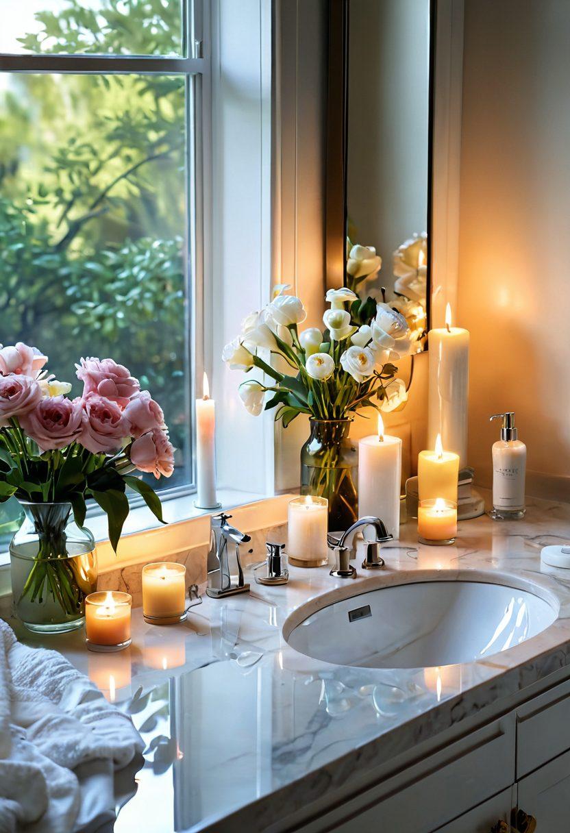 A serene bathroom scene showcasing an elegant vanity filled with luxurious Aloette beauty products, surrounded by soft glowing candles and fresh flowers. A mirror reflects a dreamy view of nature outside, symbolizing natural beauty and self-care. Gentle sunlight filters through a window, casting warm light on the products, creating an inviting ambiance. super-realistic. vibrant colors. serene atmosphere.