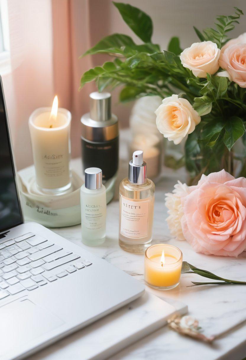 A serene and inviting blog header featuring an elegant makeup vanity adorned with Aloette skincare products, surrounded by lush green plants and soft pastel flowers. Include an open laptop displaying a blog page, reflecting beauty tips, and a warm glowing candle to create a cozy atmosphere. The overall vibe should convey luxury, wellness, and self-care. super-realistic. vibrant colors. soft focus.